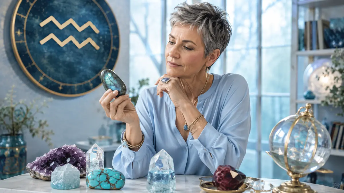 Donna con labradorite e simbolo dell’Acquario