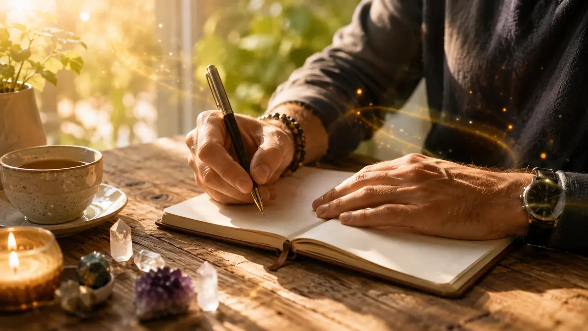 Uomo che scrive sul quaderno