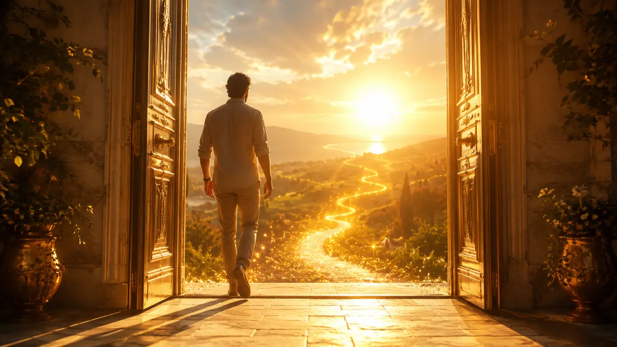 Uomo davanti alla porta luminosa