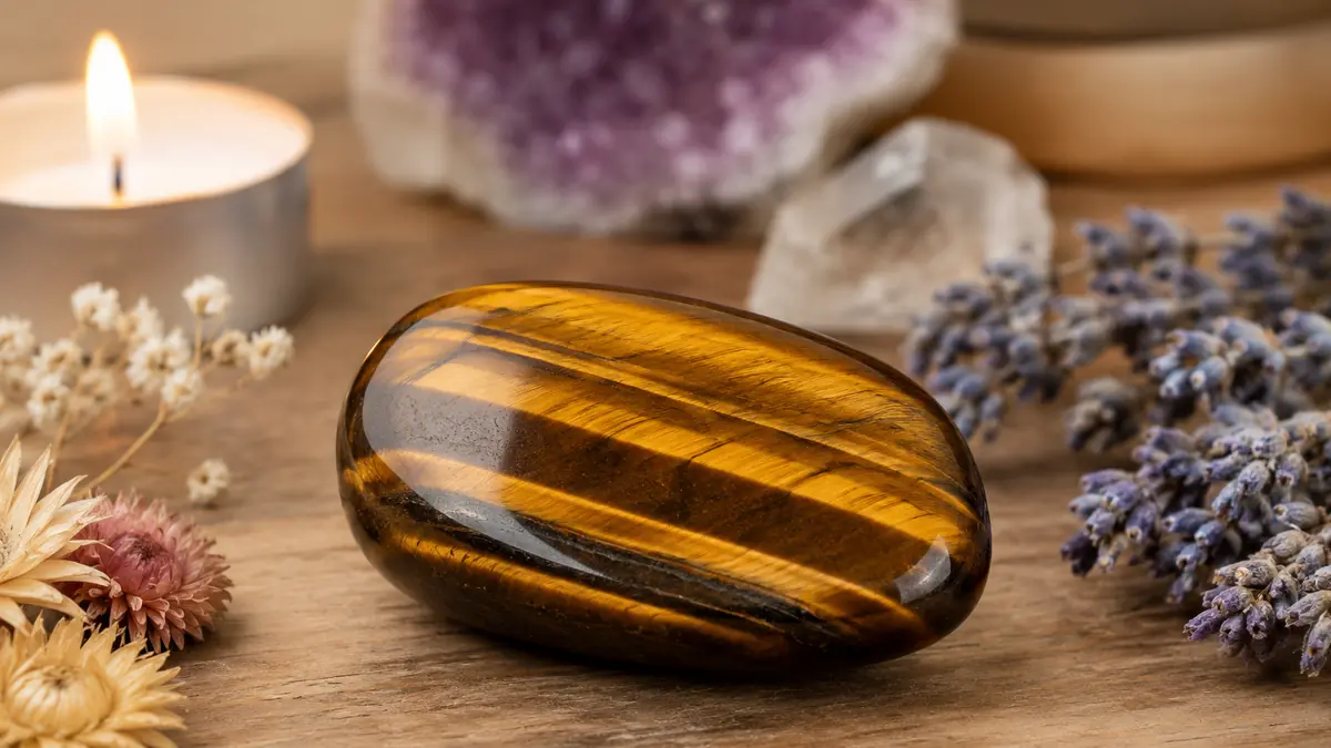 Pietra portafortuna occhio di tigre su tavolo di legno
