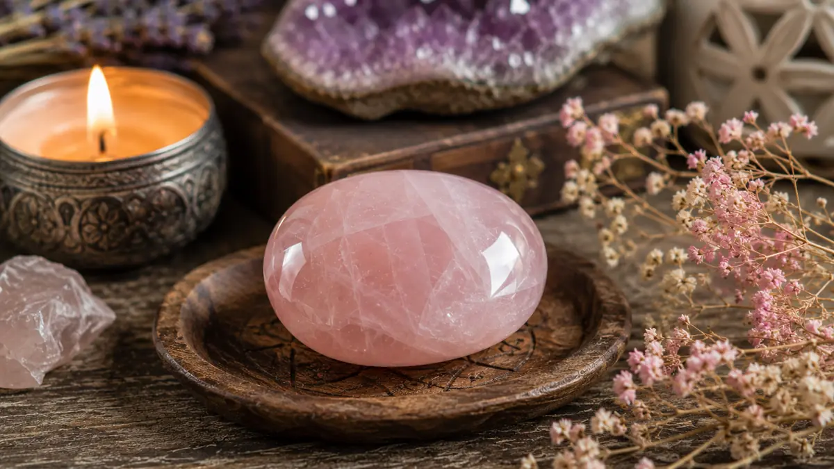 Pietra portafortuna quarzo rosa su tavolo di legno