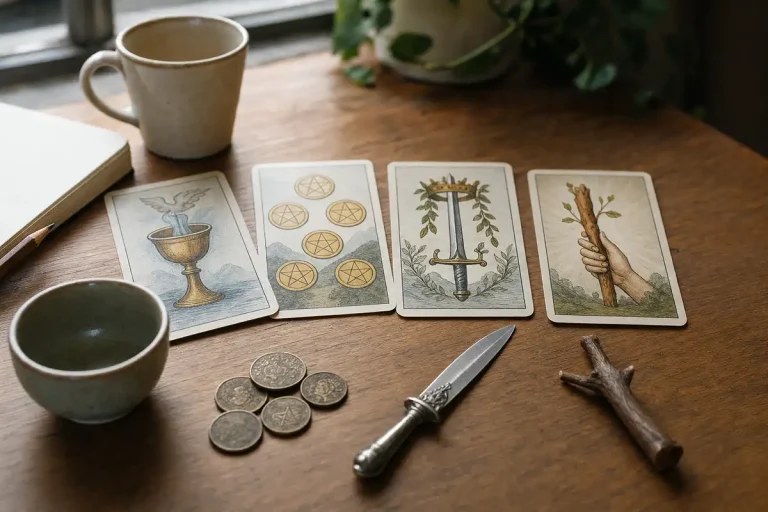 Carte dei tarocchi con coppa, denari, spada e bastone su tavolo di legno, con tazza e monete
