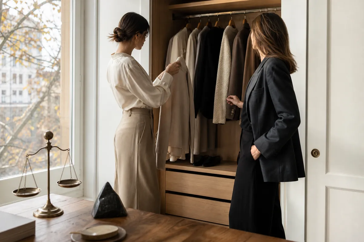 Due donne eleganti scelgono abiti neutri davanti a un guardaroba minimalista, con bilancia in ottone su un tavolo