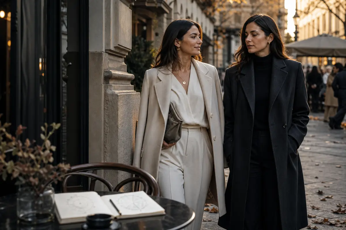 Due donne eleganti camminano al tramonto in una via cittadina d’autunno, una in cappotto chiaro e una in cappotto scuro