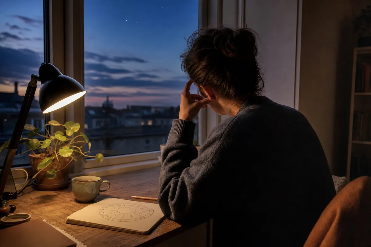 Persona di spalle al tavolo con lampada accesa e taccuino con cerchio astrologico, guarda il cielo al crepuscolo dalla
