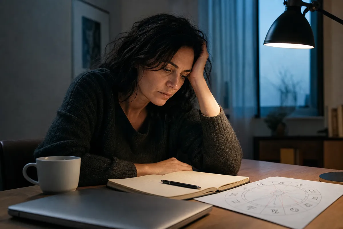 Donna stanca e pensierosa a una scrivania con taccuino, penna, tazza di tè, laptop chiuso e schema zodiacale