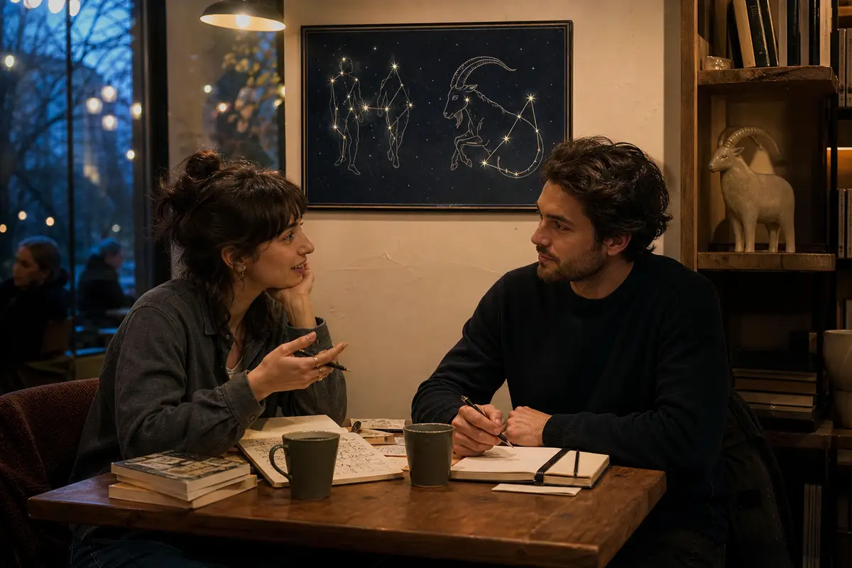 Coppia seduta a un tavolo in un caffè-libreria con tazze, libri e taccuini, sotto un poster di costellazioni gemelli e