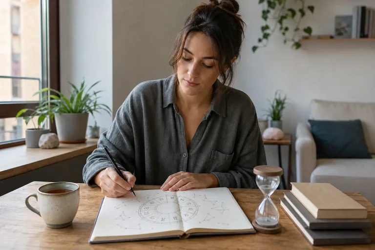 Donna seduta al tavolo che disegna una ruota dello zodiaco su un quaderno, con tazza di tè, clessidra e libri