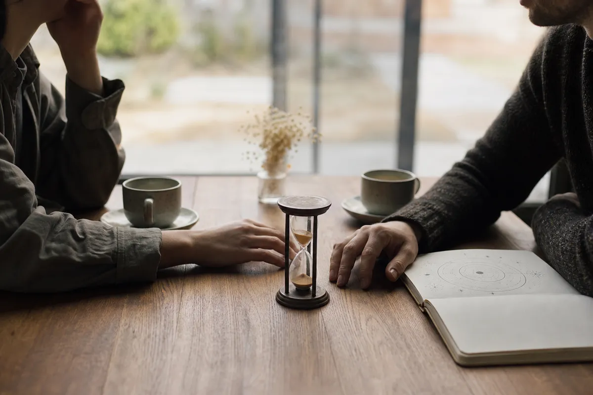 Due persone al tavolo con tazze di caffè, clessidra e mani quasi a sfiorarsi, taccuino con diagramma stellare