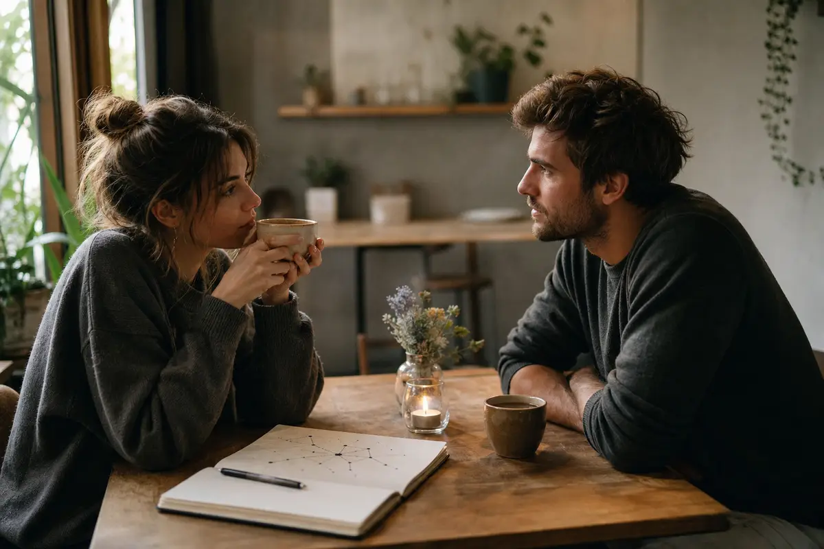 Coppia seduta a un tavolo con tazze di caffè e un quaderno aperto con costellazioni, atmosfera riflessiva
