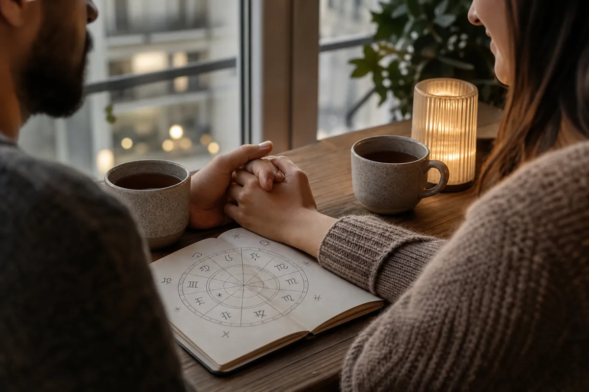 Mani di una coppia intrecciate su un tavolo, con tazze di tè e quaderno aperto con simboli zodiacali