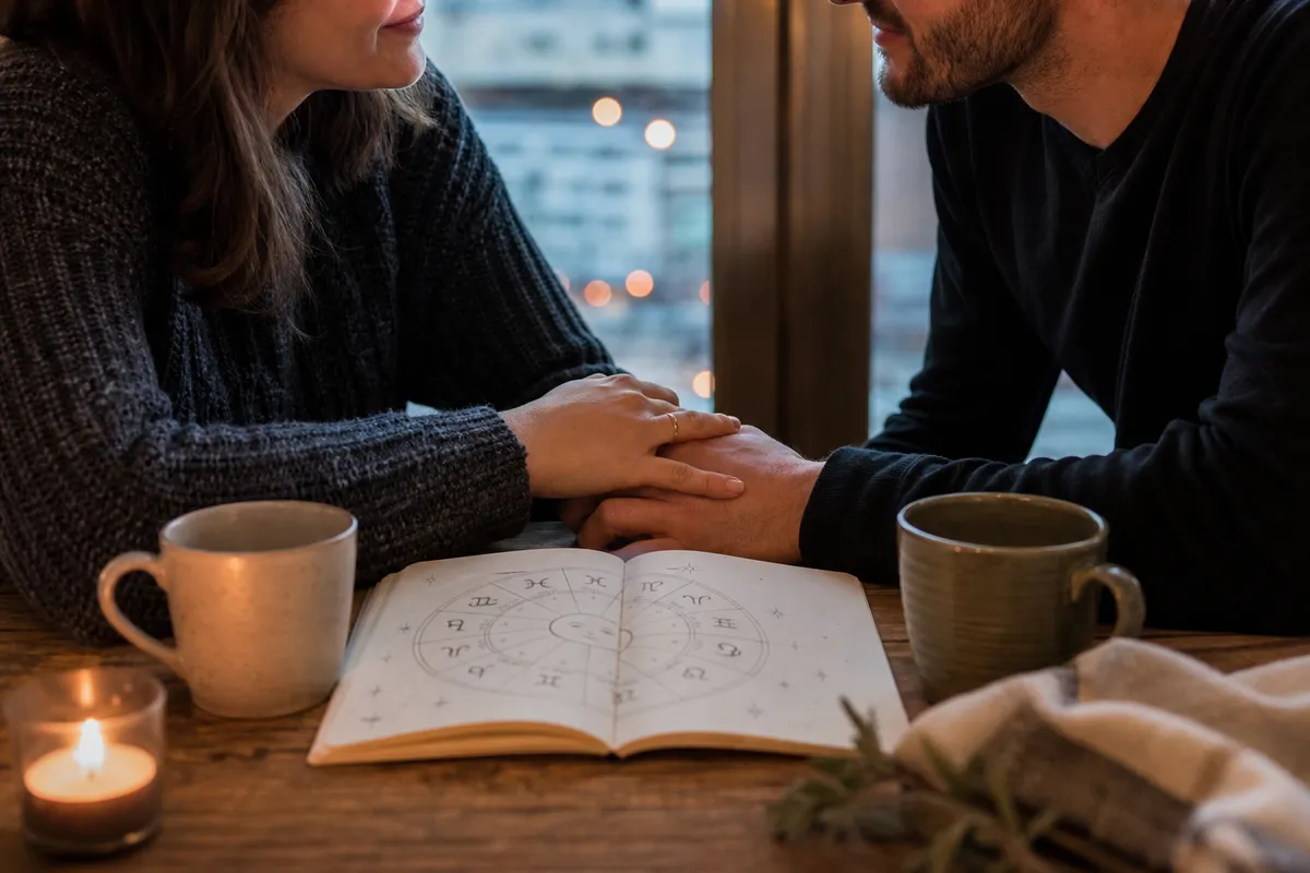 Coppia con le mani intrecciate a un tavolo, con tazze e quaderno aperto con ruota dello zodiaco