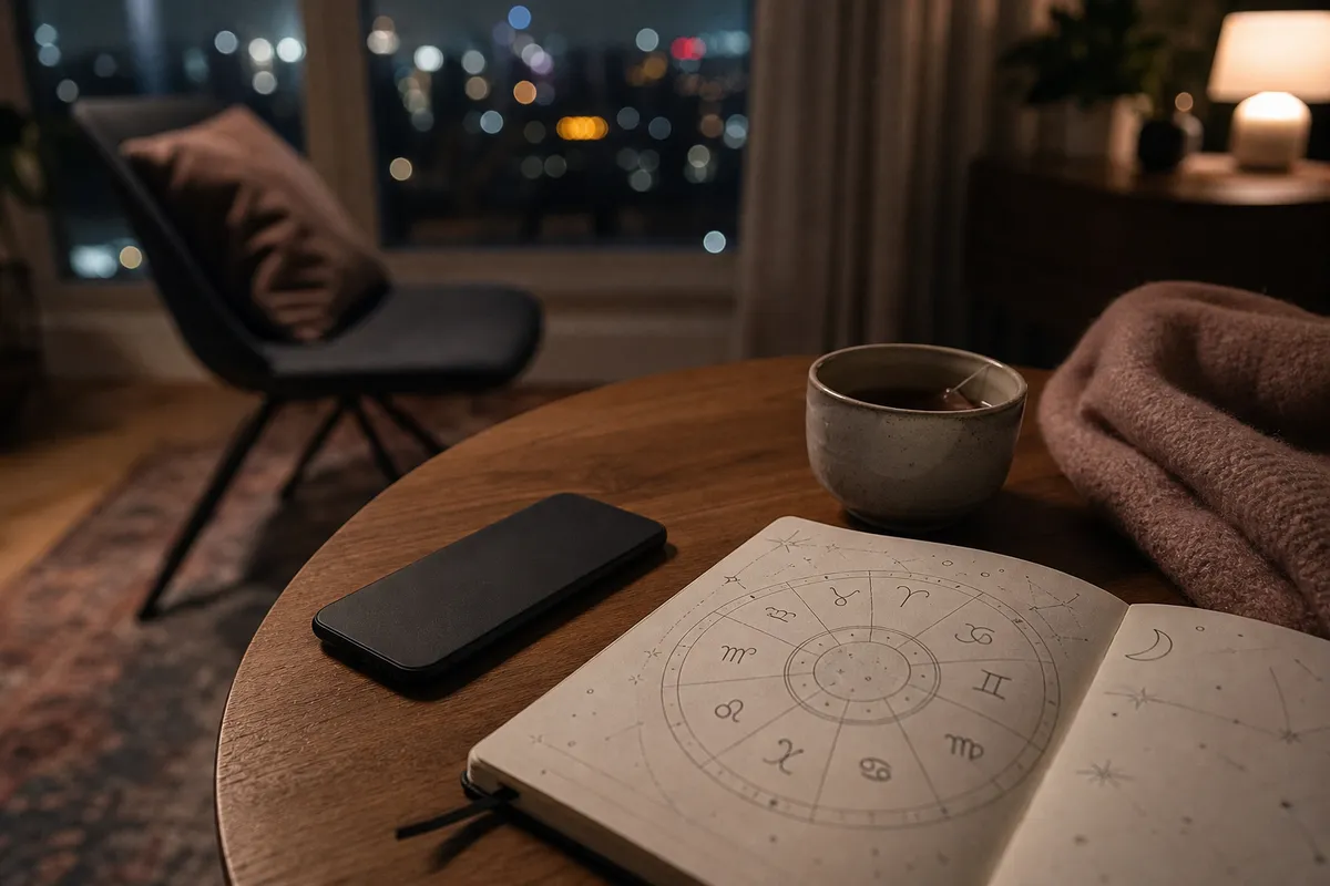 Smartphone a faccia in giù accanto a tazza di tè e quaderno con ruota zodiacale, in salotto di notte