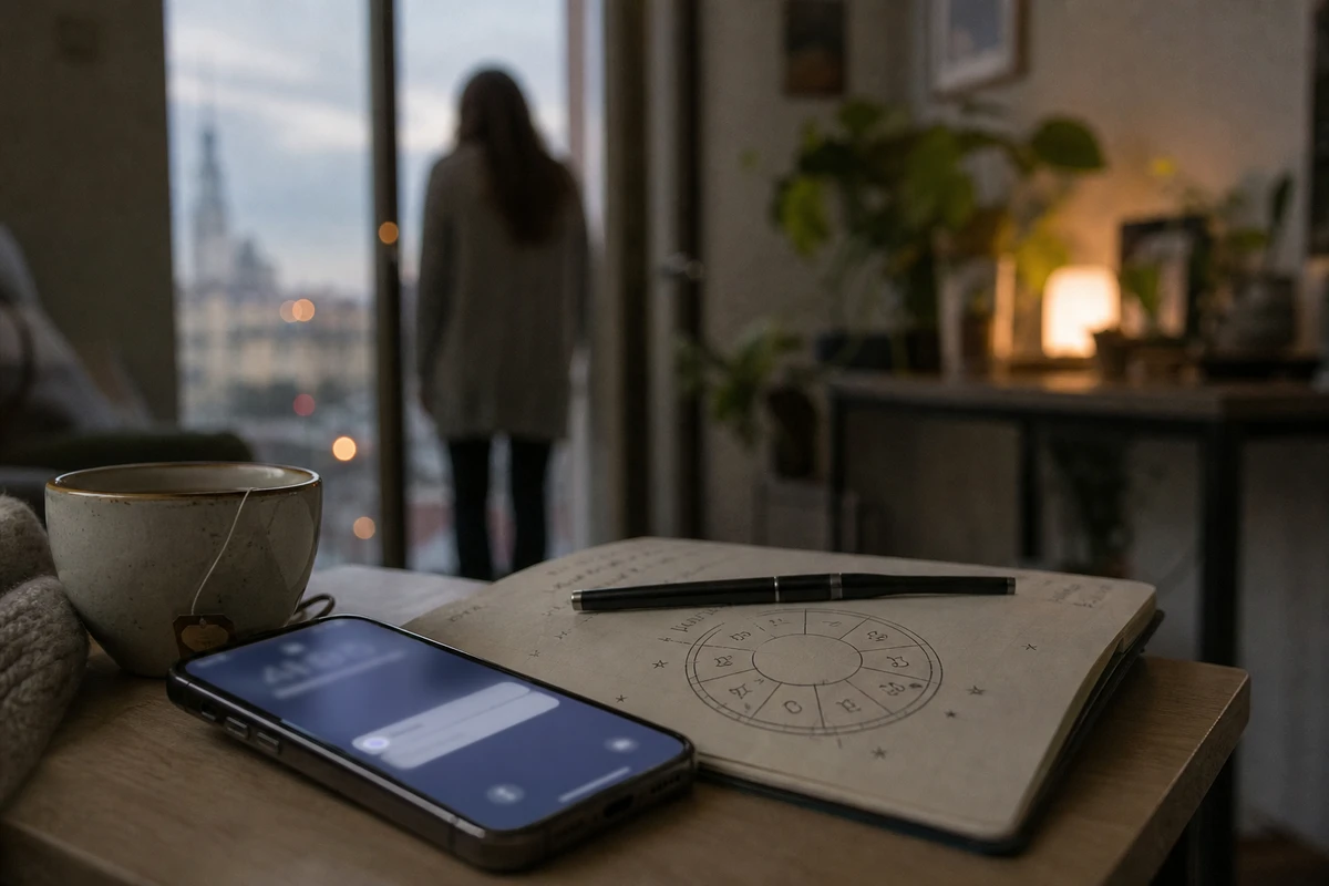 Smartphone con notifica sfocata accanto a tazza di tè e quaderno con ruota zodiacale, con figura sfocata alla finestra