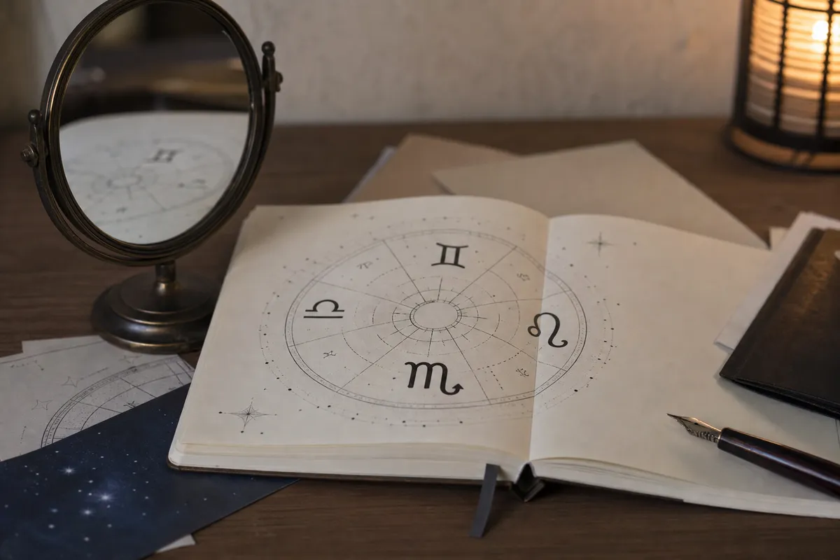 Taccuino aperto con ruota zodiacale e simboli di Gemelli, Bilancia, Scorpione e Leone, con specchio e penna