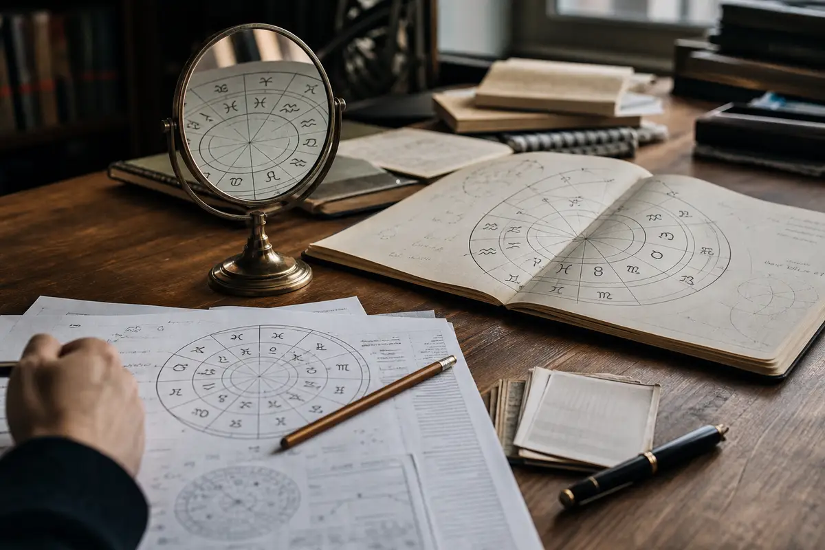 Scrivania con carte zodiacali e quaderno aperto, specchio che riflette la ruota dei segni, penna e mano in primo piano