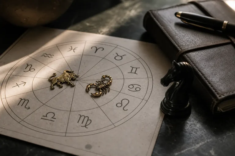 Ruota dello zodiaco su carta con ciondoli a toro e scorpione, cavallo degli scacchi nero e taccuino con penna