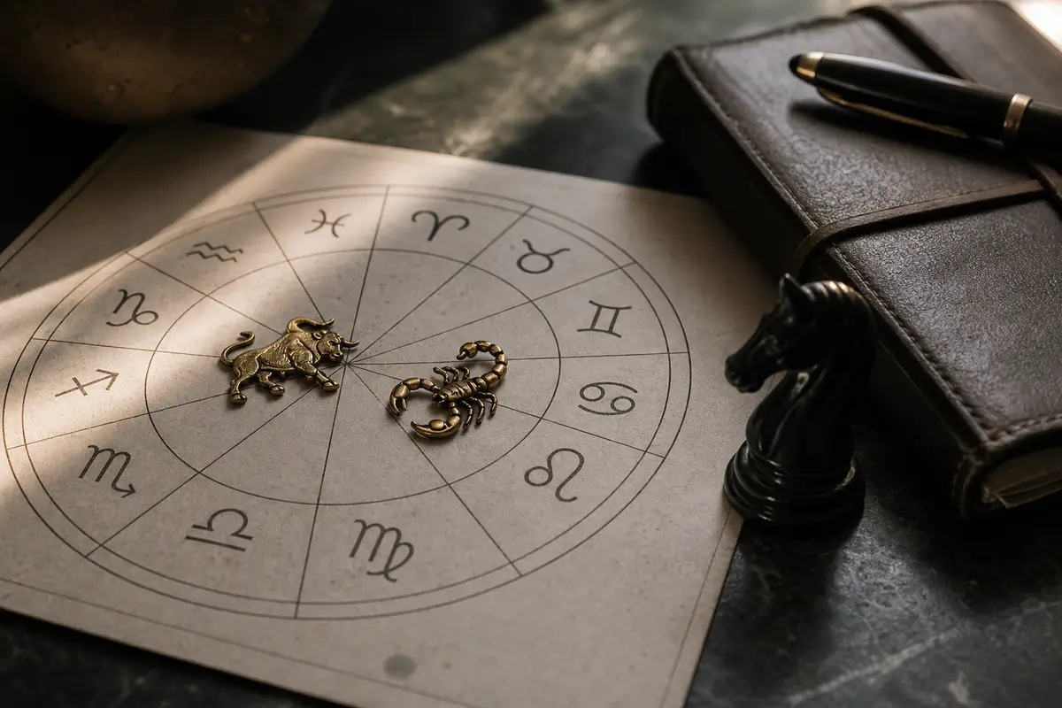 Ruota dello zodiaco su carta con ciondoli a toro e scorpione, cavallo degli scacchi nero e taccuino con penna