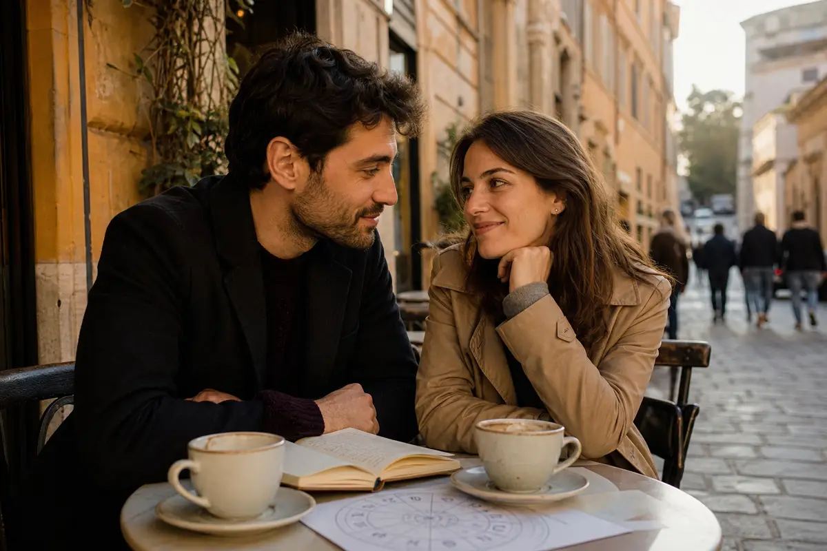 Coppia seduta a un tavolino all’aperto con due caffè, un taccuino aperto e un foglio con ruota zodiacale