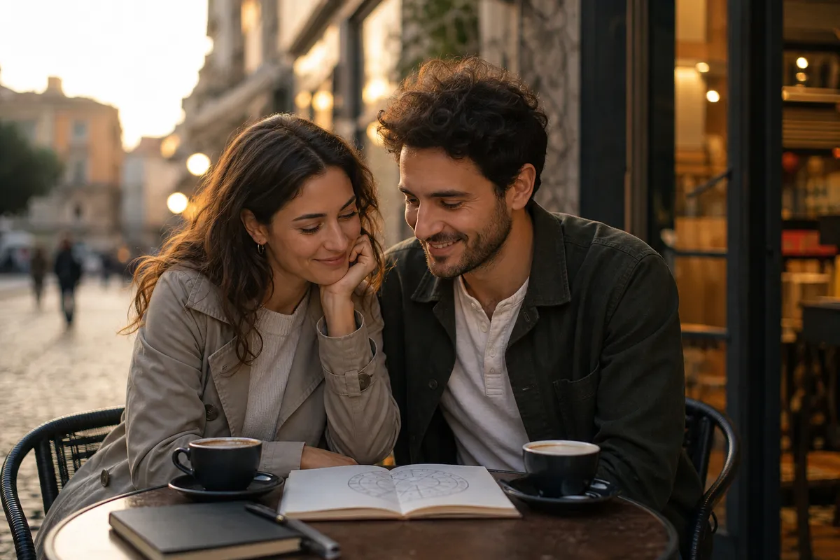 Coppia sorridente a un tavolino di un caffè all’aperto, con tazze di caffè e un quaderno aperto con un cerchio zodiacale