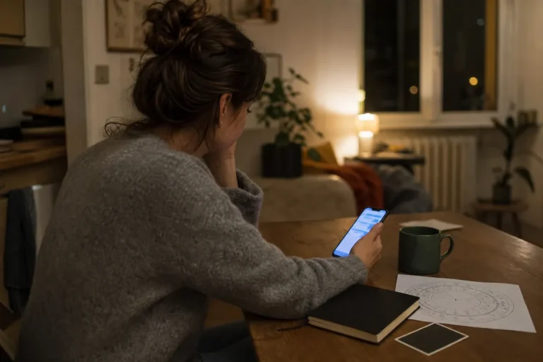 Persona seduta al tavolo di casa guarda lo smartphone; accanto tazza, quaderno e foglio con ruota zodiacale