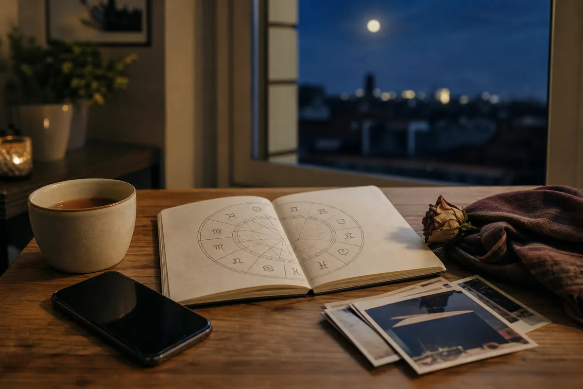 Tavolo con tazza di tè, smartphone, quaderno aperto con carta natale e foto sparse, luna alla finestra