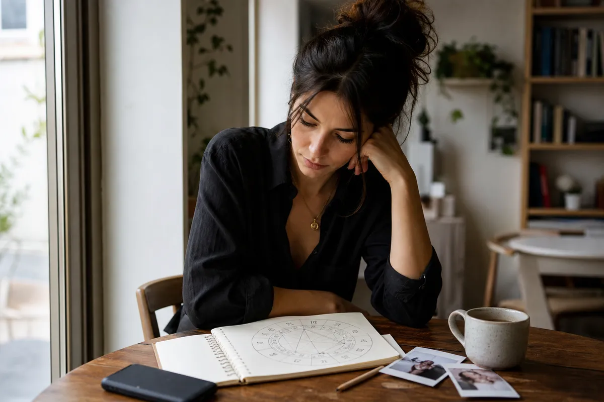 Donna pensierosa al tavolo con quaderno aperto su un tema natale, tazza di caffè e foto istantanee