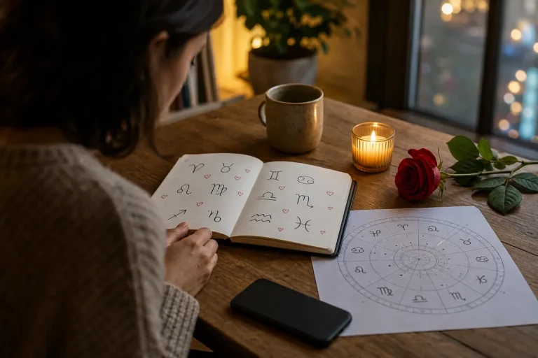 Taccuino con simboli zodiacali e cuoricini su un tavolo, con candela accesa, rosa rossa e carta con tema natale