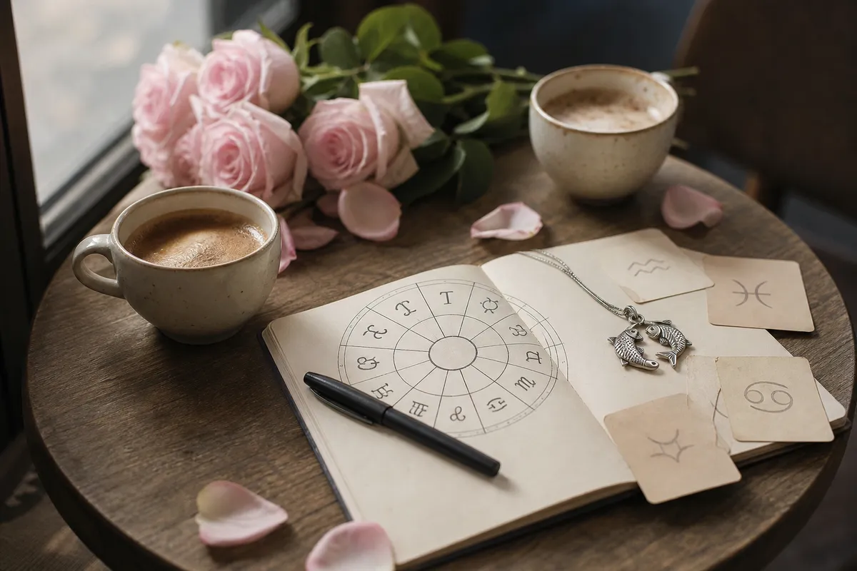 Tavolino con due tazze di caffè, rose rosa e quaderno aperto con ruota dello zodiaco e ciondolo a forma di pesci