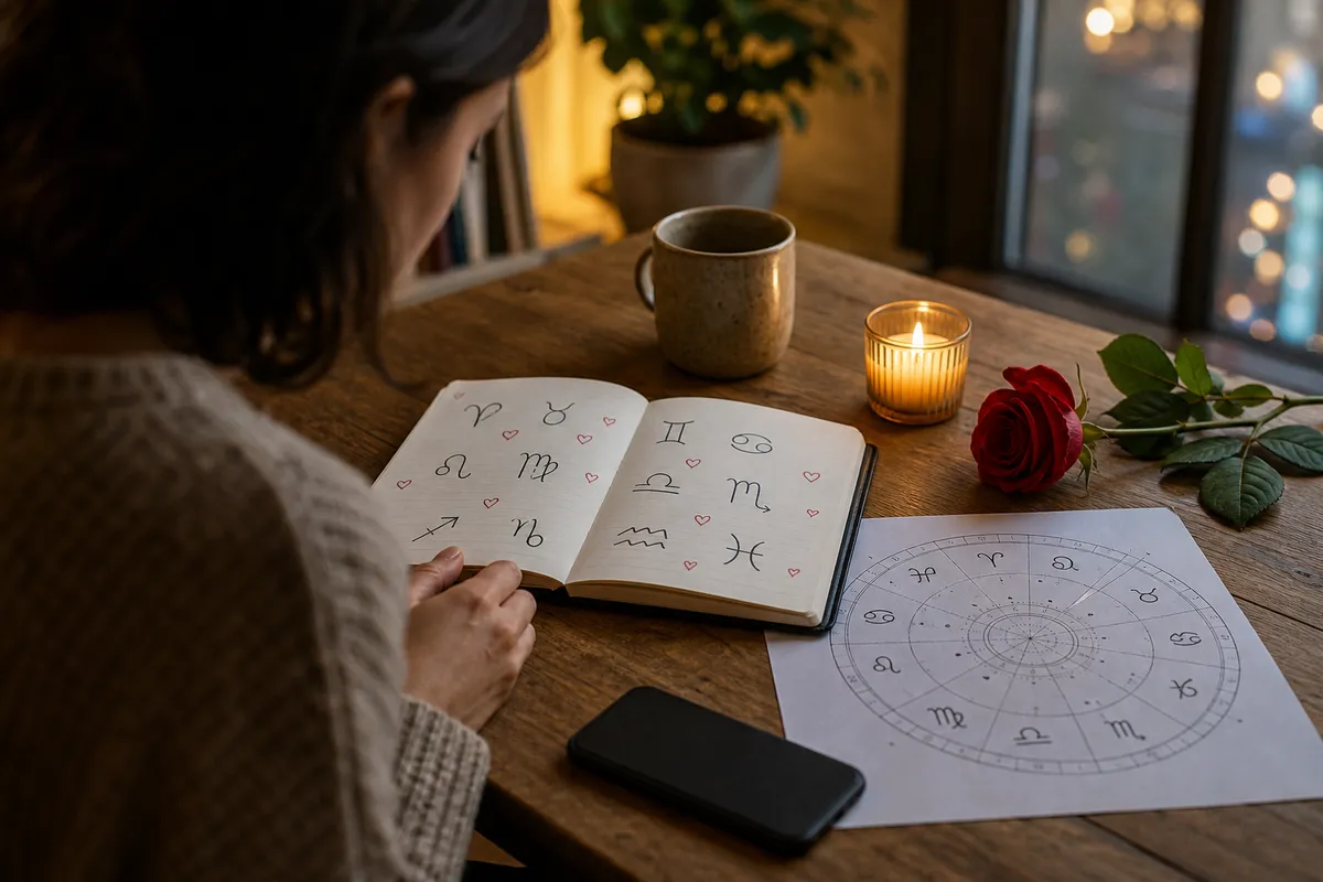 Taccuino con simboli zodiacali e cuoricini su un tavolo, con candela accesa, rosa rossa e carta con tema natale