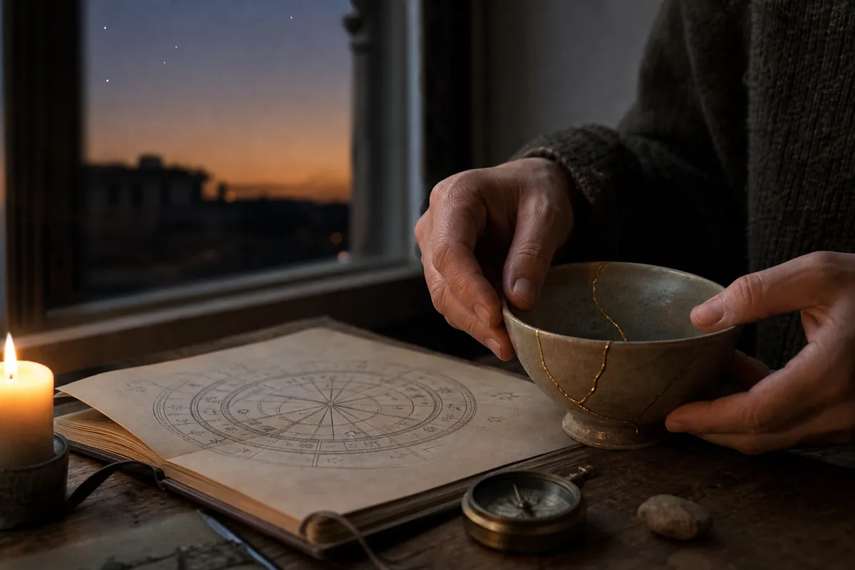 Mani che tengono una ciotola riparata con venature dorate accanto a un quaderno con ruota zodiacale e una candela