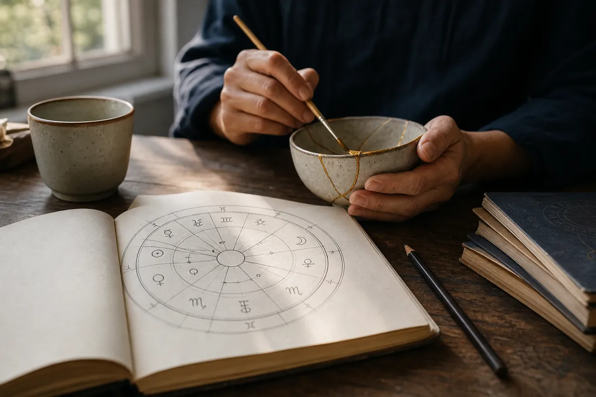 Taccuino con carta natale disegnata su una scrivania, tazza di caffè e mani che riparano una ciotola crepata con linee dorate