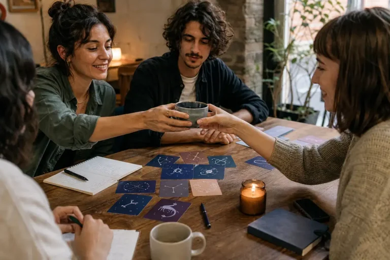 Gruppo di amici al tavolo con carte delle costellazioni zodiacali, mentre una persona porge una tazza calda a un’altra