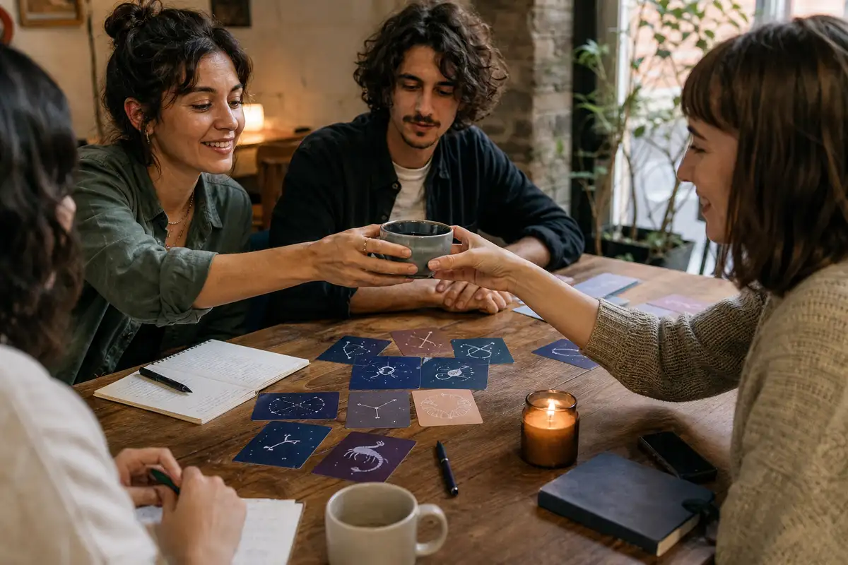 Gruppo di amici al tavolo con carte delle costellazioni zodiacali, mentre una persona porge una tazza calda a un’altra