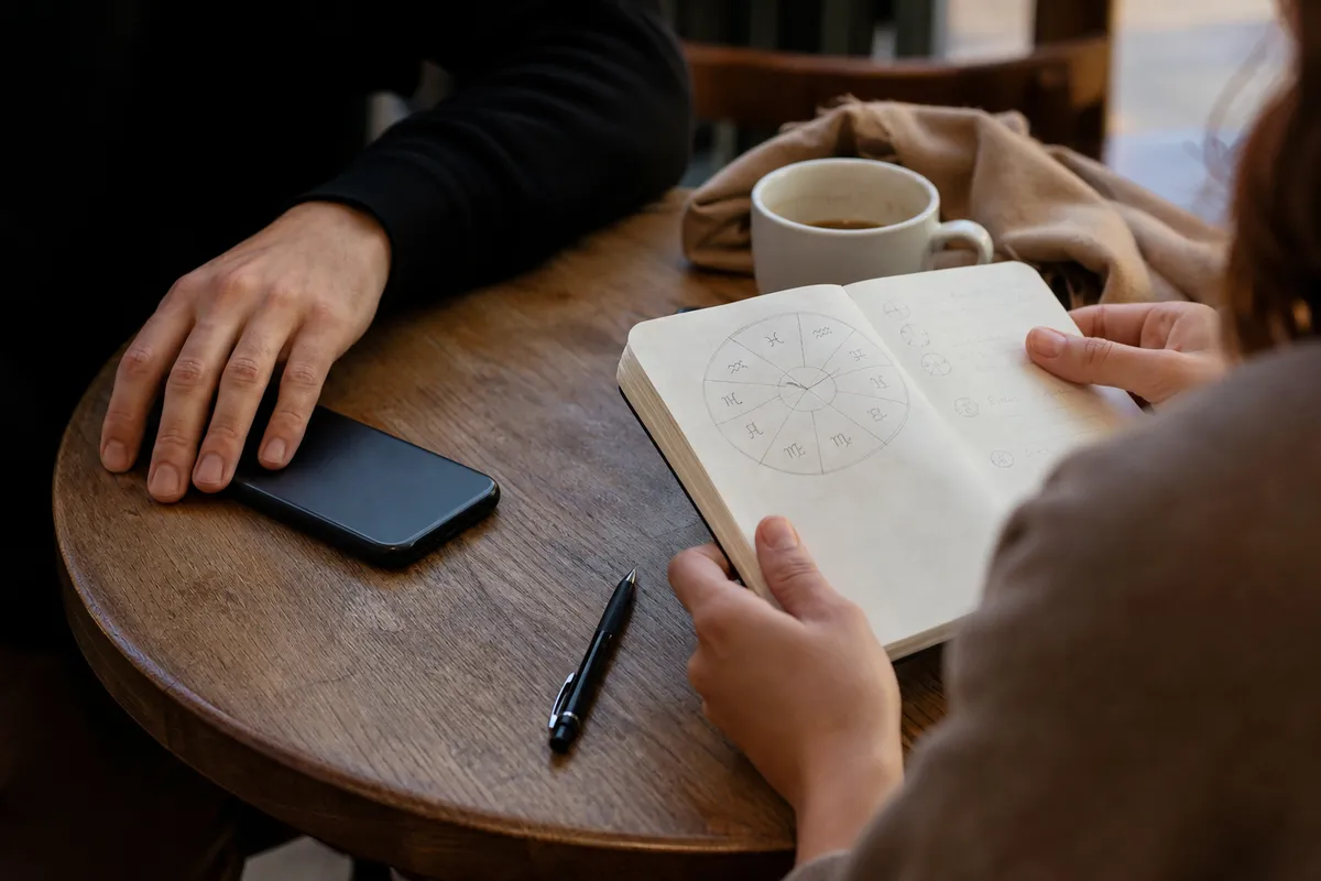 Tavolino di un bar con smartphone capovolto e taccuino aperto con ruota dello zodiaco disegnata a mano