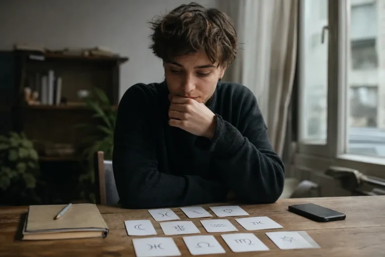 Persona pensierosa al tavolo con carte dei segni zodiacali, quaderno e smartphone vicino alla finestra