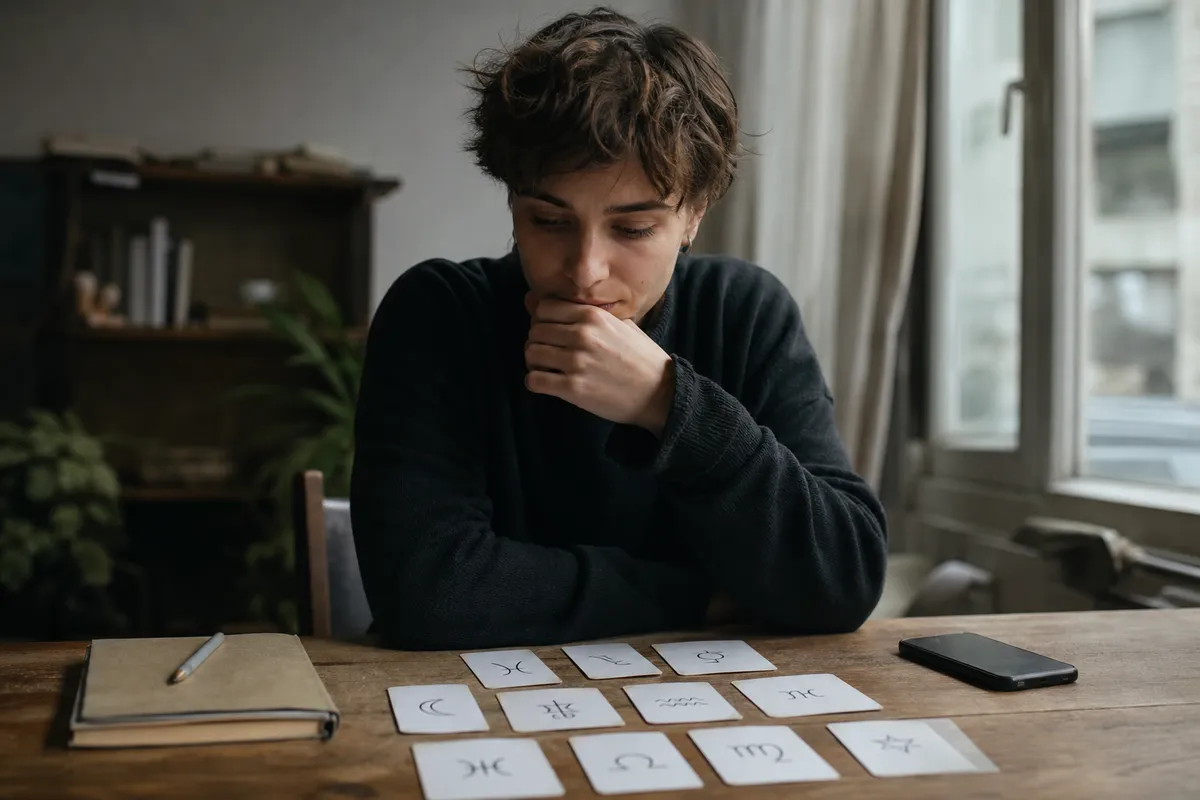 Persona pensierosa al tavolo con carte dei segni zodiacali, quaderno e smartphone vicino alla finestra