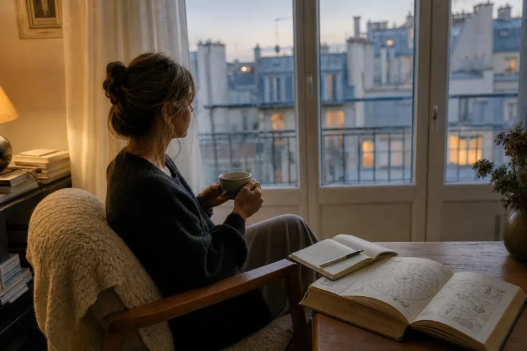 Donna seduta accanto alla finestra al tramonto con una tazza in mano; sul tavolo un libro aperto con diagrammi zodiacali
