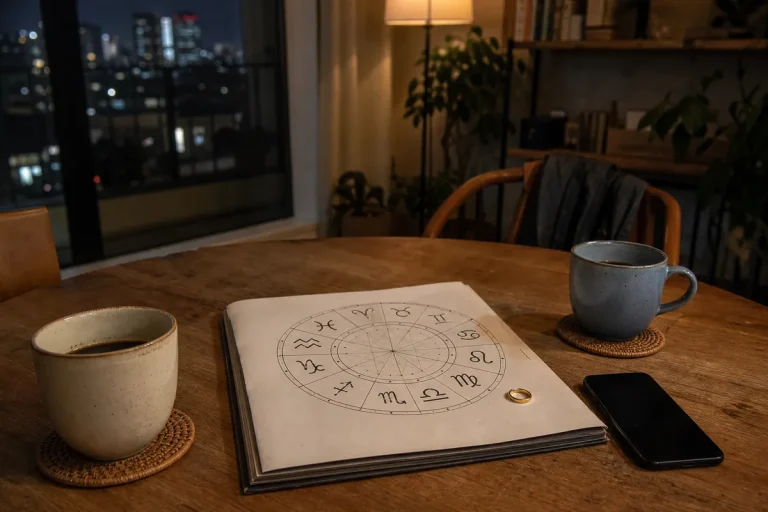 Carta dello zodiaco su un tavolo con due tazze di caffè, uno smartphone e un anello, con luci notturne fuori dalla finestra