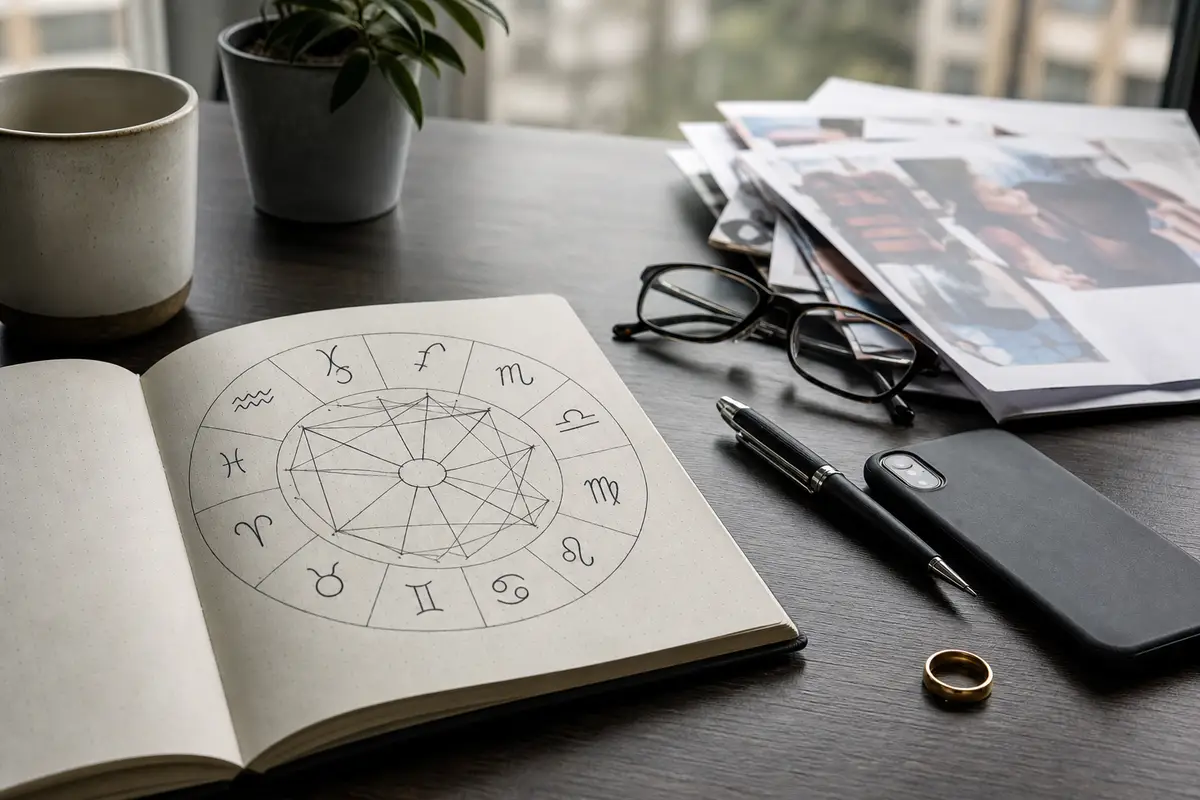 Taccuino aperto con ruota zodiacale, smartphone, penna, occhiali e fede su una scrivania con fogli sparsi