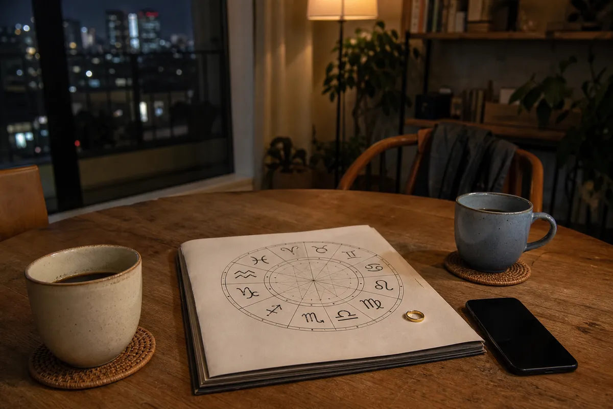 Carta dello zodiaco su un tavolo con due tazze di caffè, uno smartphone e un anello, con luci notturne fuori dalla finestra