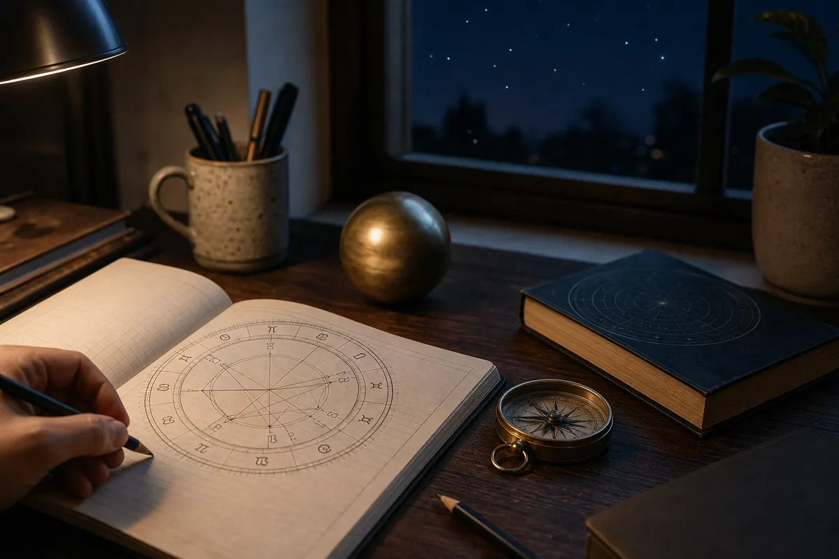 Scrivania notturna con quaderno aperto su una carta natale, mano con matita, bussola e sfera in ottone vicino alla finestra