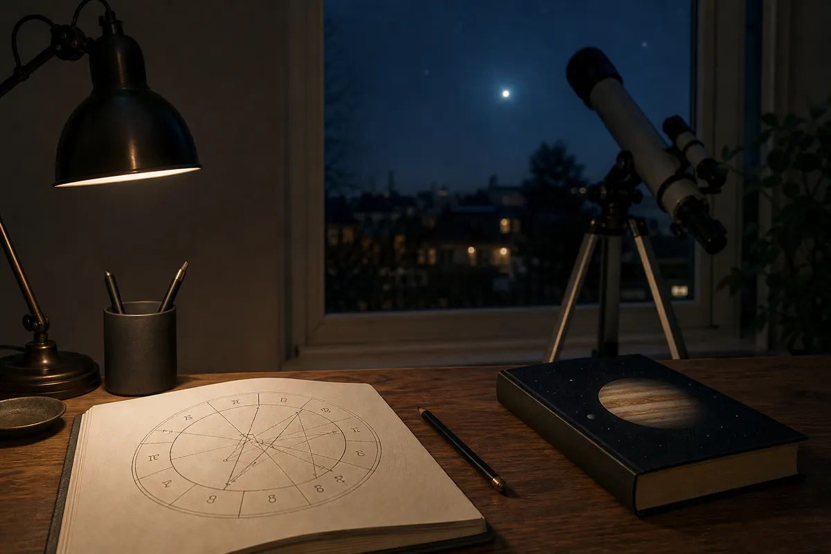 Scrivania con tema natale disegnato, lampada e telescopio verso il cielo notturno con un punto luminoso