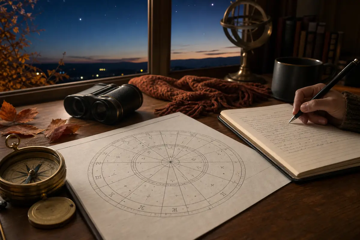 Scrivania con carta astrale, bussola, binocolo e taccuino scritto a mano vicino a una finestra con cielo stellato