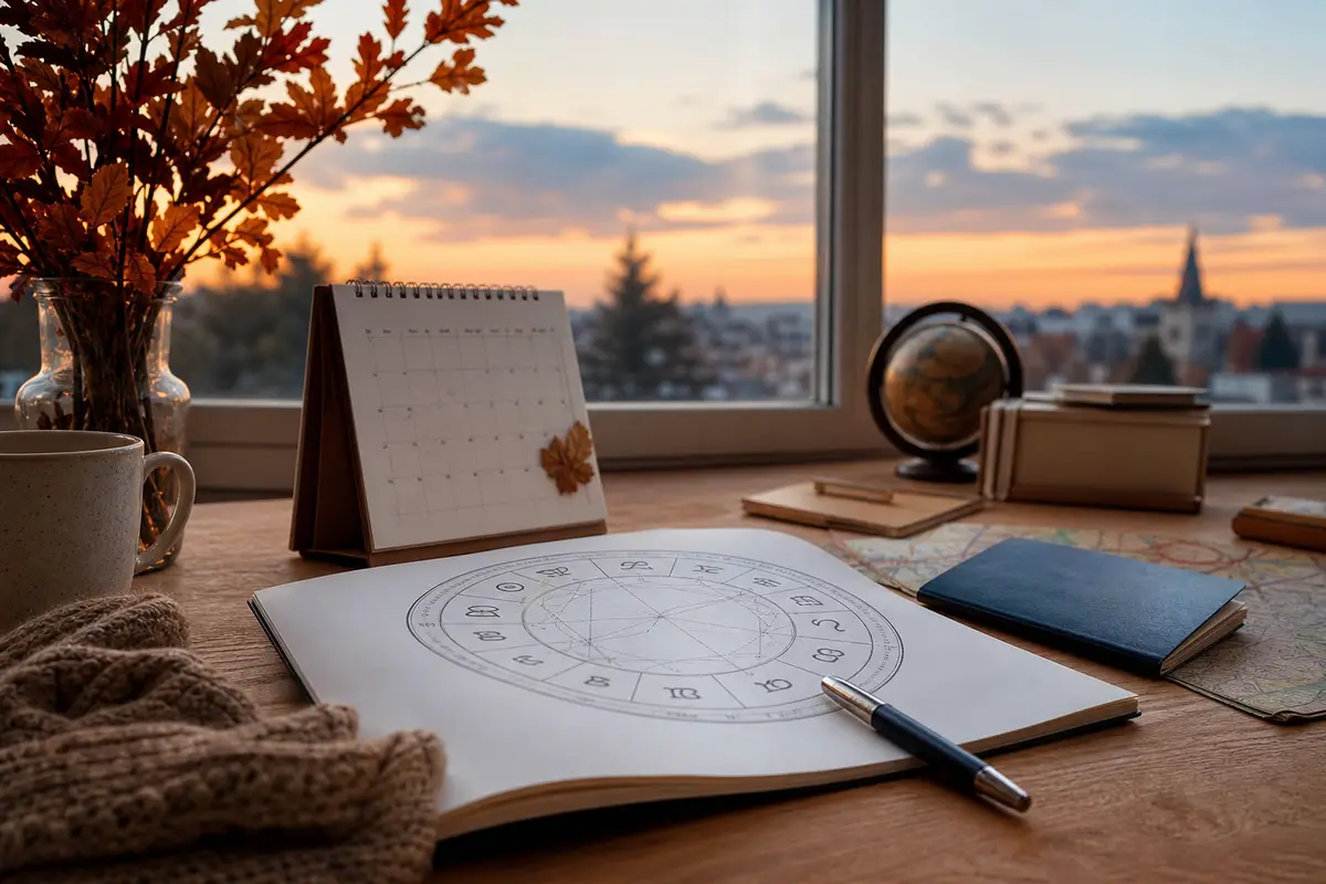 Scrivania vicino a una finestra al tramonto con ruota zodiacale, calendario da tavolo, penna, mappa e taccuino