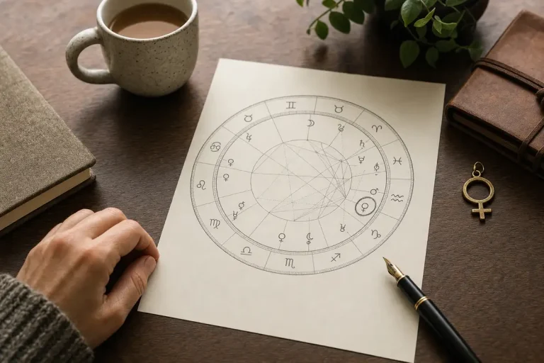 Tema natale stampato su scrivania con tazza di caffè, penna stilografica e ciondolo del simbolo di Venere