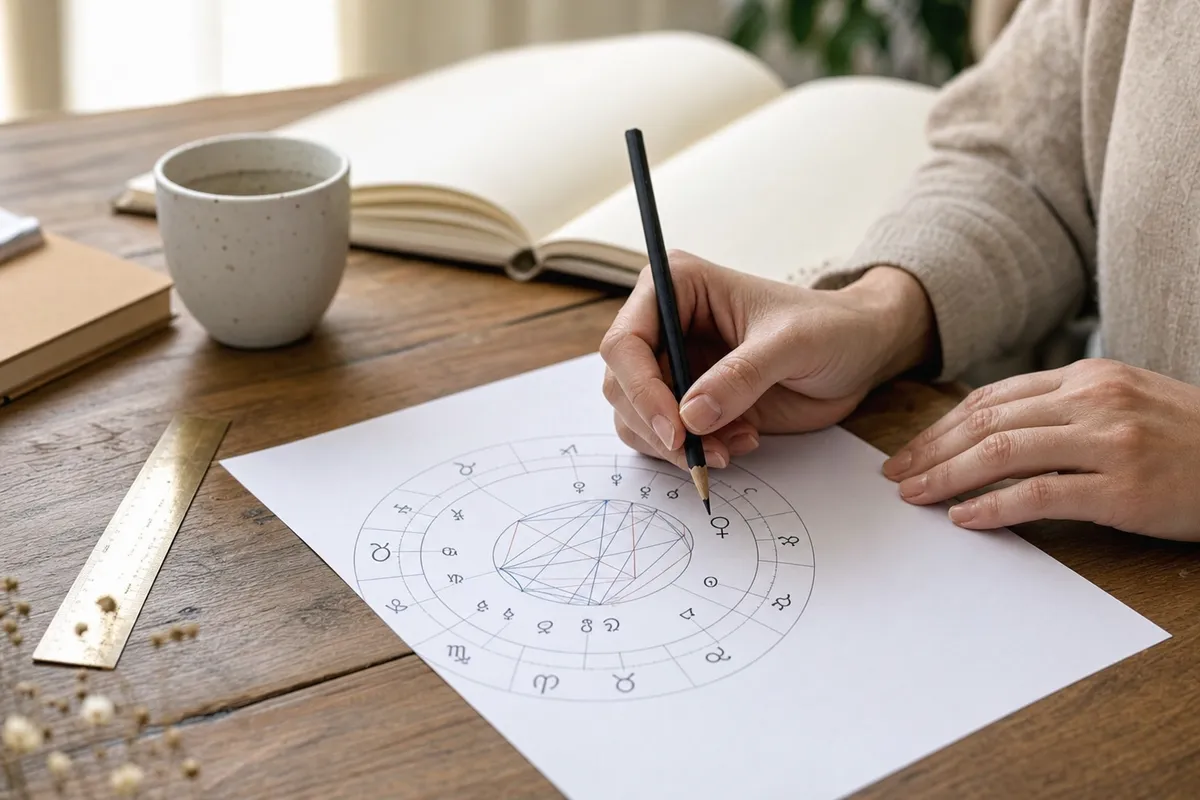 Mani che segnano con una matita un tema natale circolare su un tavolo di legno, con tazza e quaderno sullo sfondo