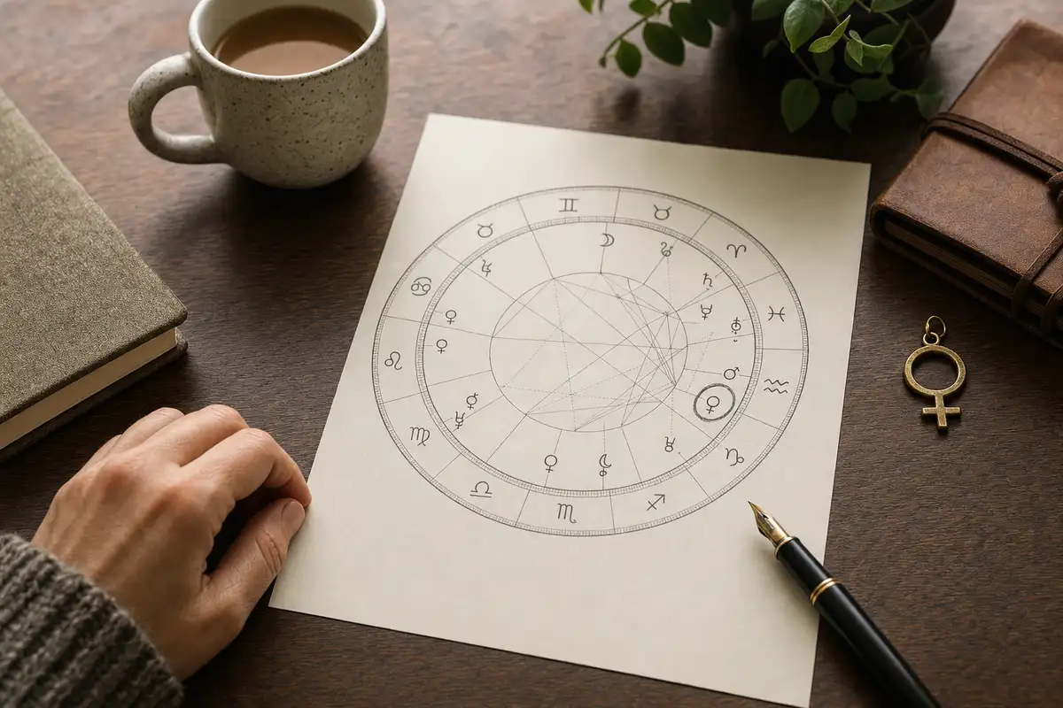 Tema natale stampato su scrivania con tazza di caffè, penna stilografica e ciondolo del simbolo di Venere